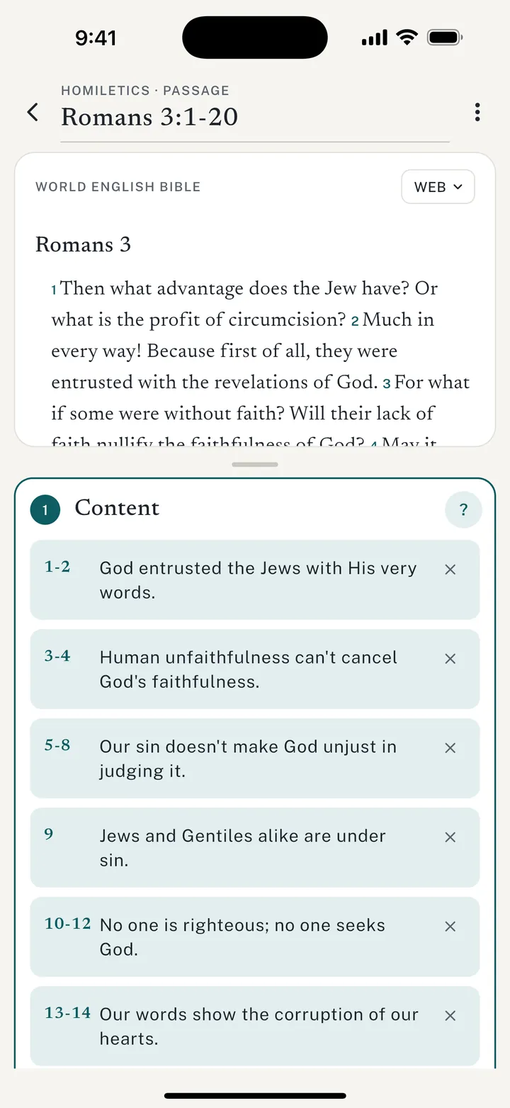 A homiletic for Romans 3:1-20 in the app: the passage on top, content summaries for each group of verses below.