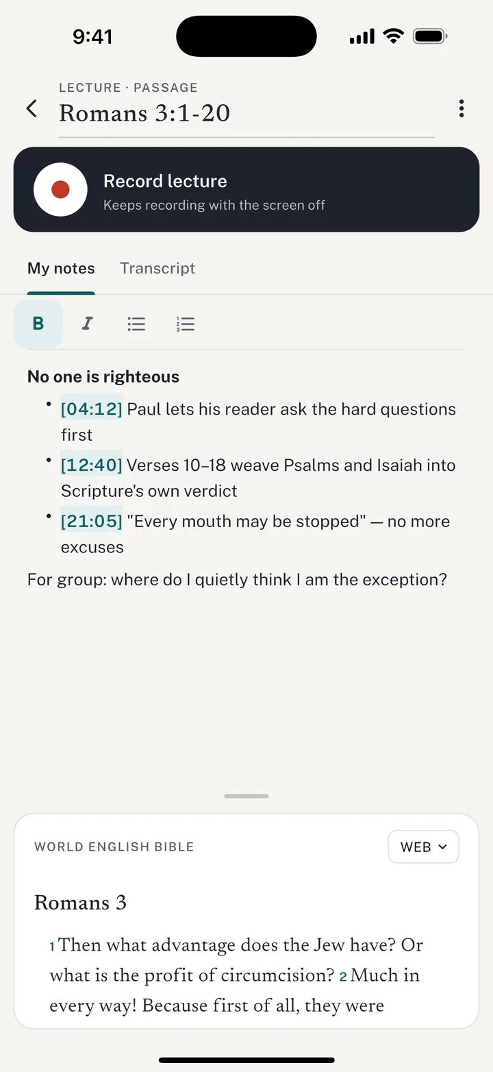 Lecture notes for Romans 3:1-20 with a Record lecture button and notes containing time marks like 04:12 and 12:40.