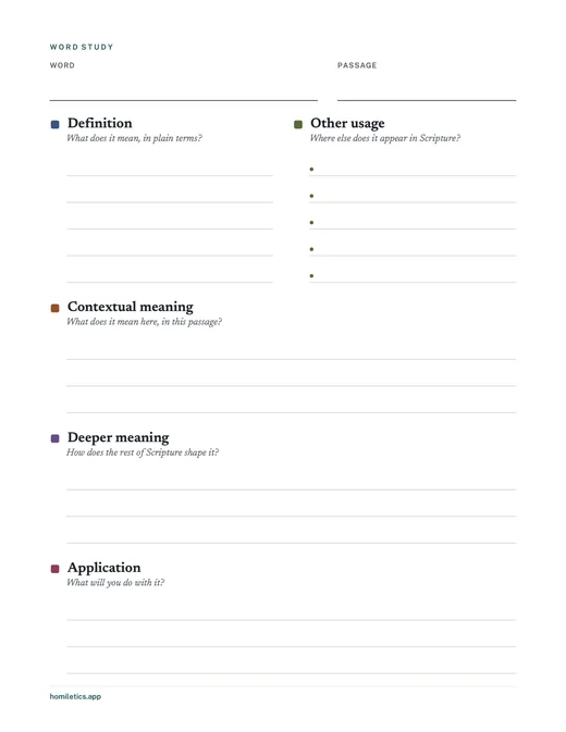 The blank word-study worksheet with labelled sections for the word, definition, other usage, contextual meaning, deeper meaning and application.
